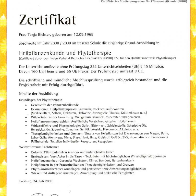 Zertifikat Heilpflanzenkunde und Physiotherapie