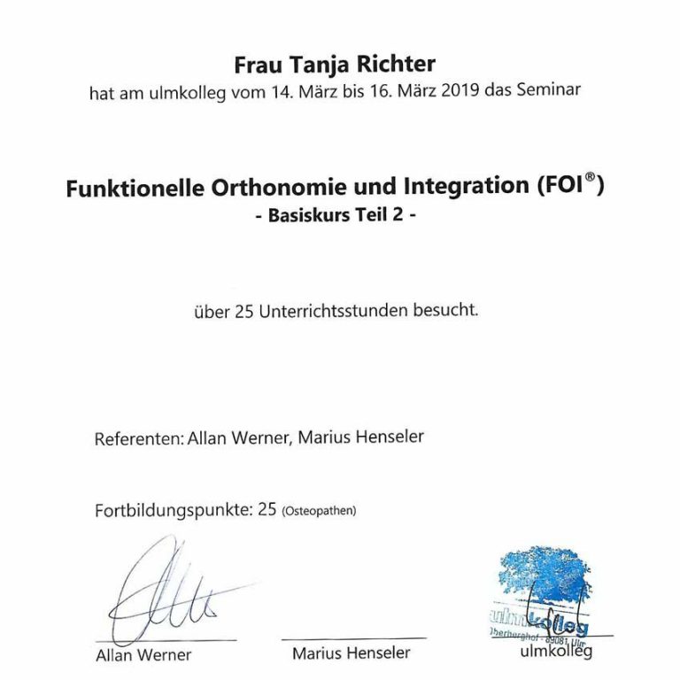 Zertifikat Funktionelle Orthonomie und Integration (FOI)