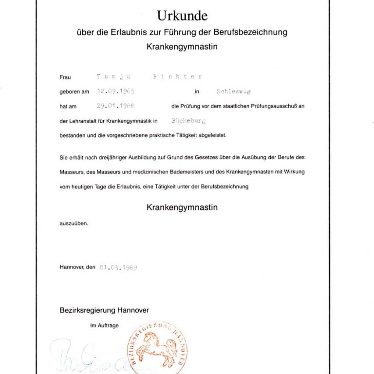 Zertifikat Krankengymnastik Staatsexamen