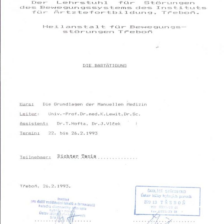 Zertifikat Manuelle Medizin Prof. Dr. Lewit (Trebon)