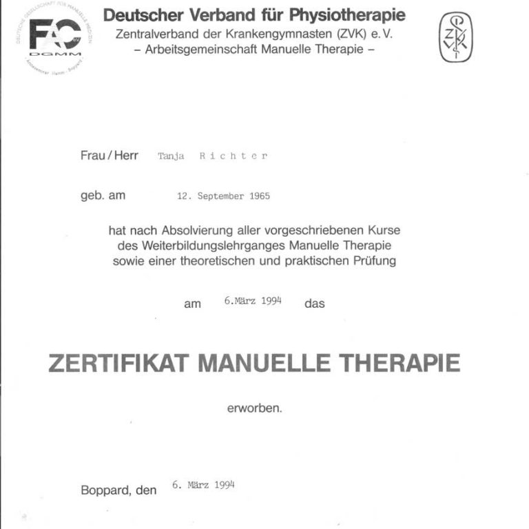 Zertifikat Manuelle Therapie